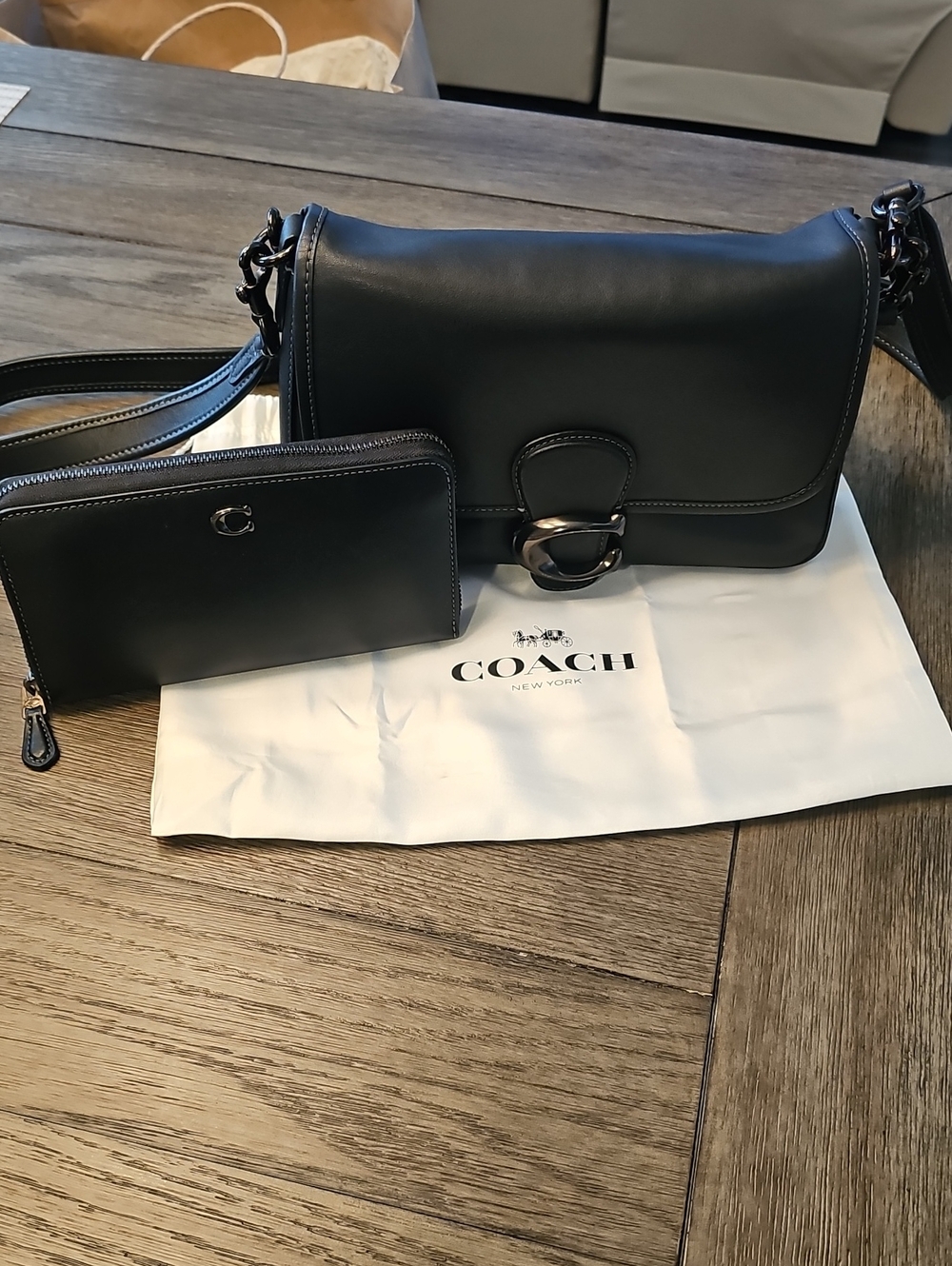Coach Black Leather Saddle Crossbody with Zip Wallet Set